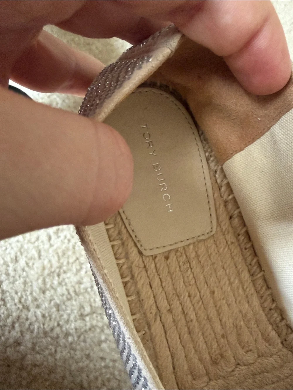 Tory Burch Everly Suede Espadrille Cream Suede w/Silver Sequins size 9 worn 1x